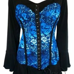 Dare Fashion USA Standard Tops Faux Corset Look Gothic Bell Sleeve Hook & Eye Corsetta Top In Indigo