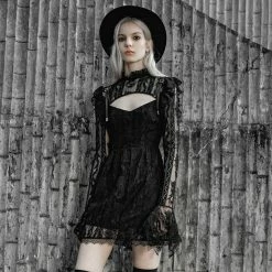 Punk Rave Dresses Gothic Asymmetric Trumpet Sleeve Hollow Out Pleated Mini Dress