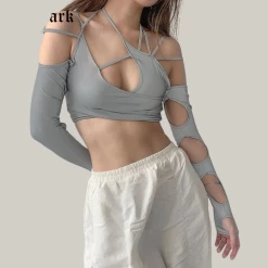 FashionSprout Standard Tops Asymmetrical Halter-Neck Grey Hollow-Out Crop Top