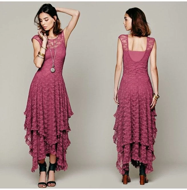 RebelsMarket Dresses Asymmetrical Layered Lace Bohemian Maxi Dress - Image 2