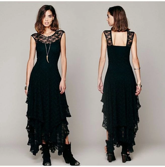 RebelsMarket Dresses Asymmetrical Layered Lace Bohemian Maxi Dress - Image 3