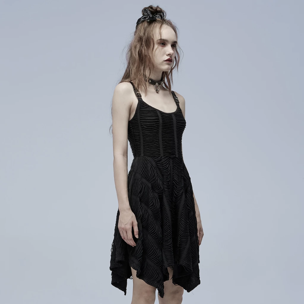 Punk Rave Dresses Asymmetrical Shoulder Straps Strips Black Gothic Dress - Image 2