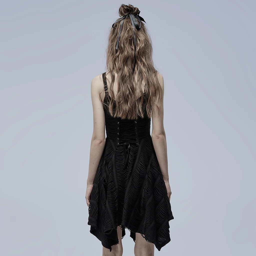 Punk Rave Dresses Asymmetrical Shoulder Straps Strips Black Gothic Dress - Image 3