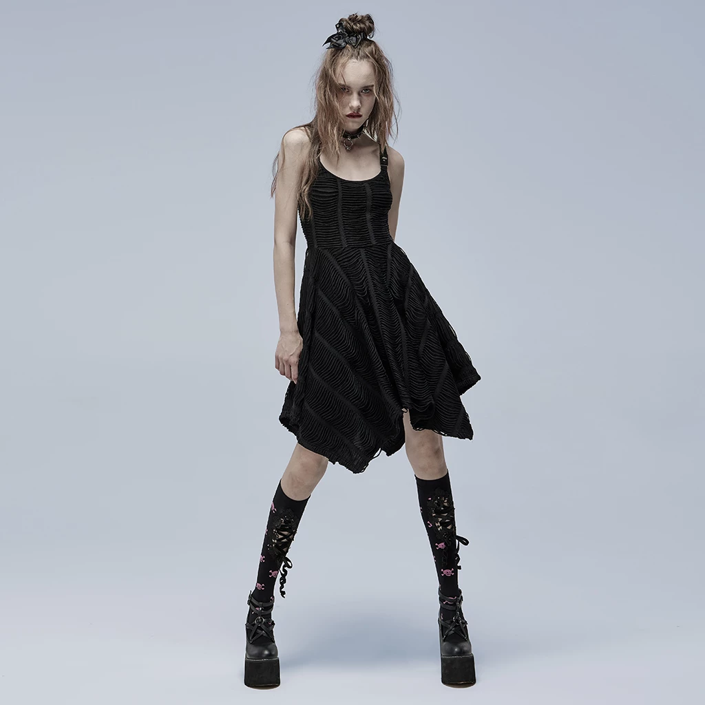 Punk Rave Dresses Asymmetrical Shoulder Straps Strips Black Gothic Dress - Image 4