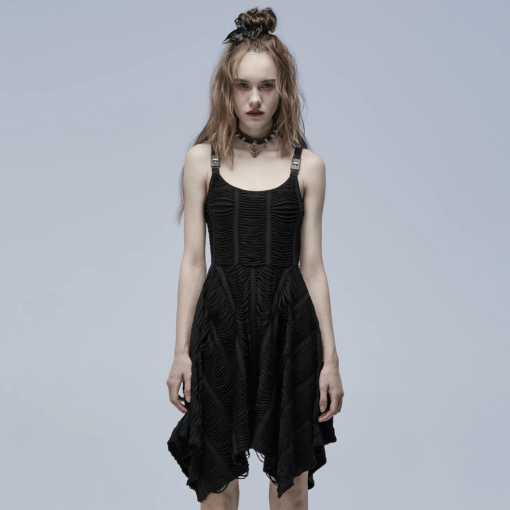 Punk Rave Dresses Asymmetrical Shoulder Straps Strips Black Gothic Dress