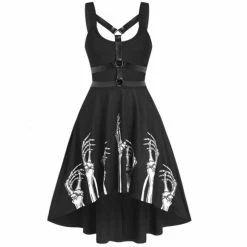 RebelsMarket Dresses Gothic Harajuku Asymmetrical Skeleton Hand Print Sleeveless Harness Dress