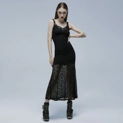Punk Rave Dresses Bat Neckline Shoulder Straps Floral Lace Gothic Slip Dress