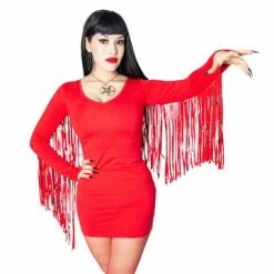 Kreepsville 666 Dresses Bat Wing Fringes Pentagram Print Red Gothic Mini Dress
