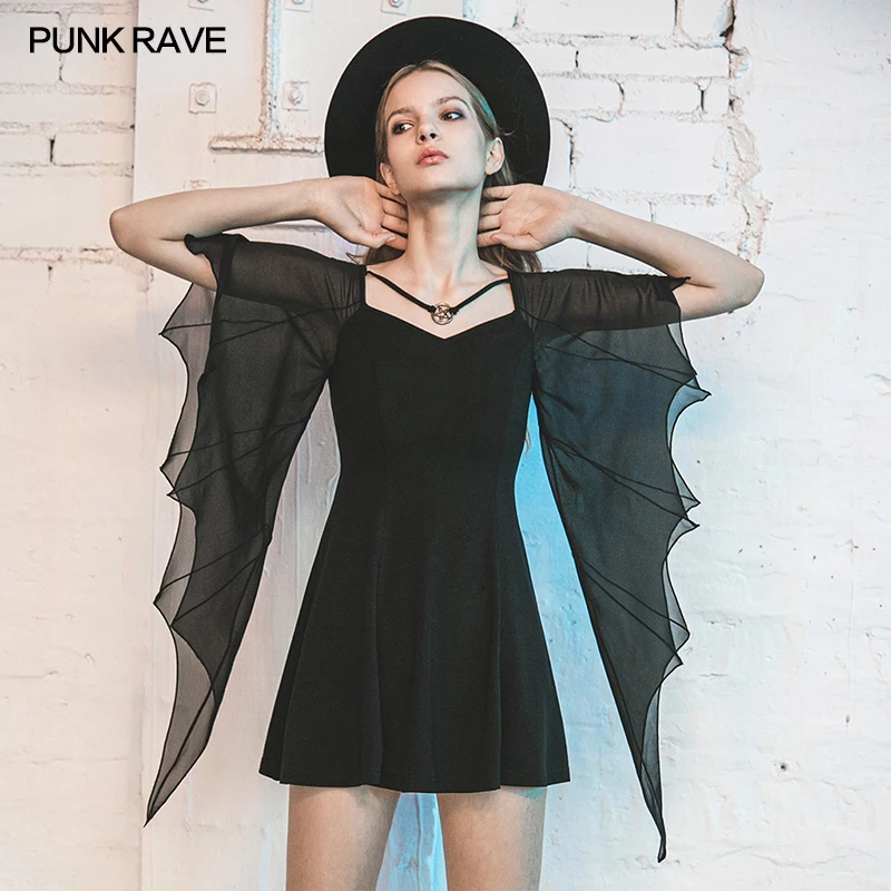Punk Rave Dresses Bat Wing Sleeves Black Mini Dress