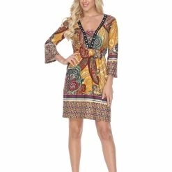 White Mark Clothing Dresses Bell Sleeves V Neck Multi Print Mini Dress
