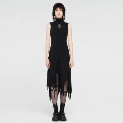 Punk Rave Dresses Black Gothic Asymmetrical Hem Zip-Up Sleeveless Dress