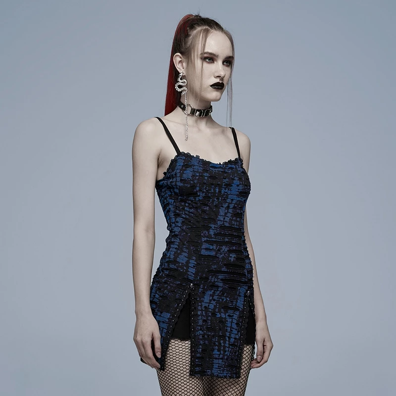 Punk Rave Dresses Black Blue Slit Hem Lace Trim Gothic Mini Dress - Image 2