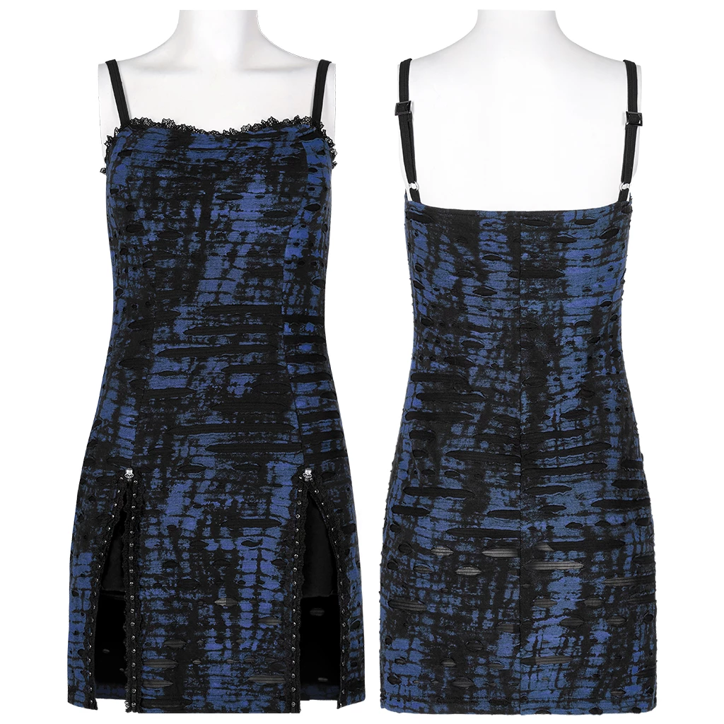 Punk Rave Dresses Black Blue Slit Hem Lace Trim Gothic Mini Dress - Image 5