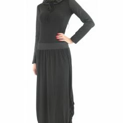 RebelsMarket Dresses Plus Size Dress, Balloon Dress, Loose Dress, Hooded Dress, Long Black Dress