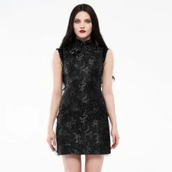Punk Rave Dresses Contrast Fabric Stand Collar Lace-Down Vintage Mini Dress