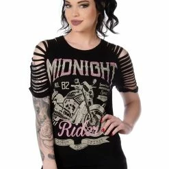 Liberty Wear T-Shirts Black Embellished Graphic Midnight Rider Motorcycle Cut-Out Sleeves T-Shirt