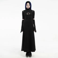Punk Rave Dresses Black Gothic Flared Sleeves Hollow-Out Ankle Length Pleated Dress