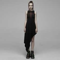 Punk Rave Dresses Black Gothic Cross Hollow-Out Chest Asymmetrical Hem Dress