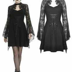 Dark In Love Dresses Black Gothic Mesh Sleeves Lace-up Front Mini Dress