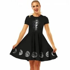 RebelsMarket Dresses Gothic Punk Moon Print Short Sleeve Black Dress