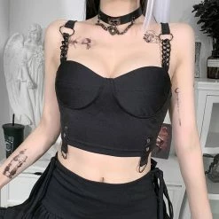 RebelsMarket Standard Tops Black Gothic Streetwear Strap Crop Top
