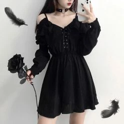 RebelsMarket Dresses Black Gothic V-Neck Lace-Up Hollow-Out Mini Dress