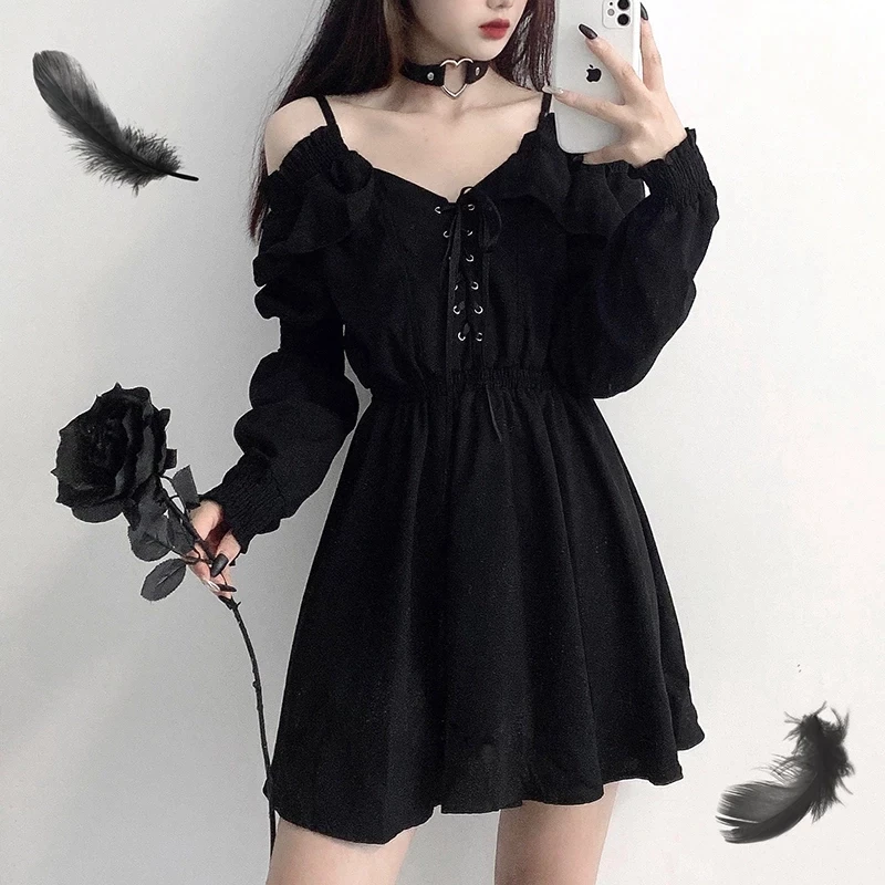 RebelsMarket Dresses Black Gothic V-Neck Lace-Up Hollow-Out Mini Dress