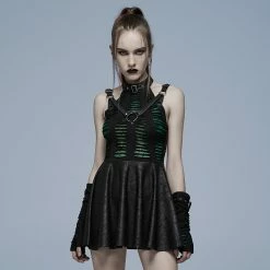Punk Rave Dresses Black Green Spliced Spider Web Shoulder Strap Pleated Gothic Dress