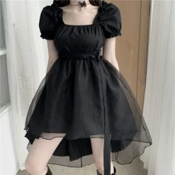 FashionSprout Dresses Black Harajuku Asymmetrical Hem Puff Sleeves Dress