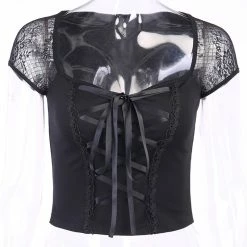 FashionSprout Standard Tops Streetwear Black Hollow-Out Mesh Sleeve Bandage Bodycon Lace Top