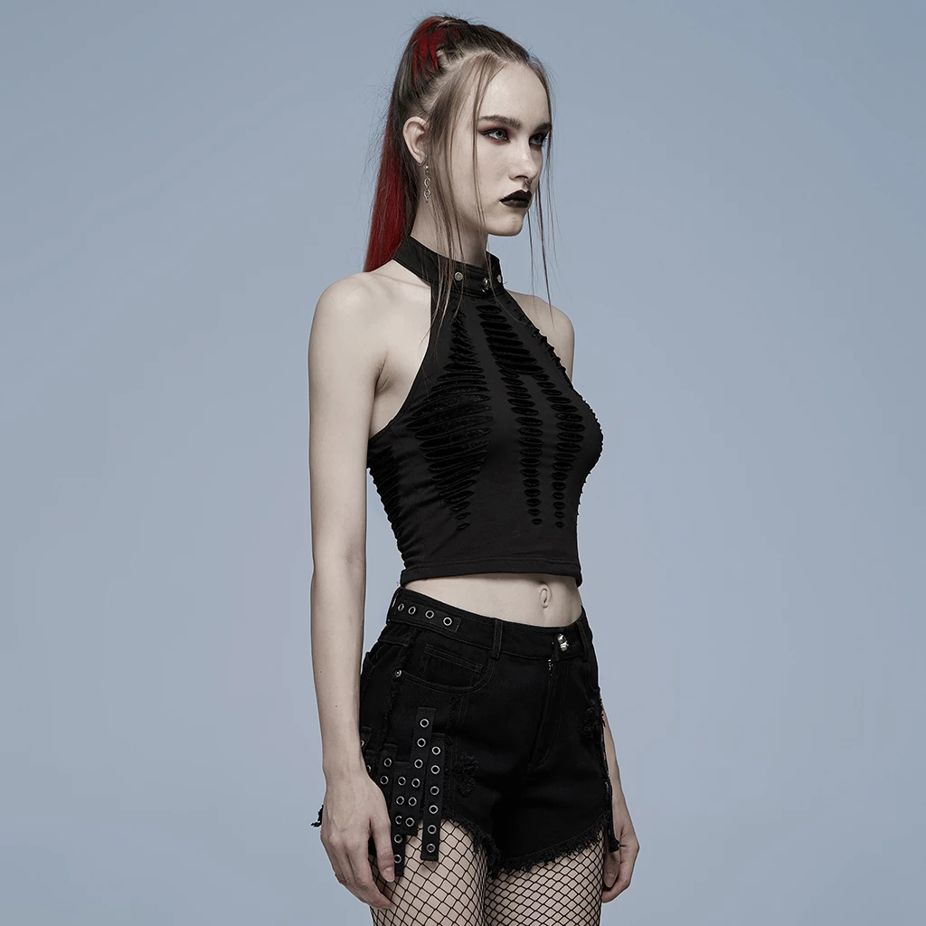 Punk Rave Standard Tops Black Hollow Out Spider Web Mesh Halter Gothic Top - Image 2