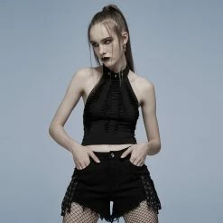 Punk Rave Standard Tops Black Hollow Out Spider Web Mesh Halter Gothic Top