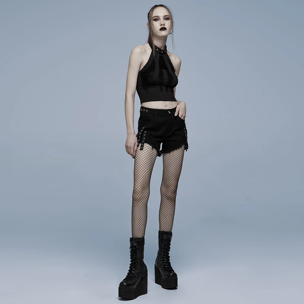 Punk Rave Standard Tops Black Hollow Out Spider Web Mesh Halter Gothic Top - Image 4
