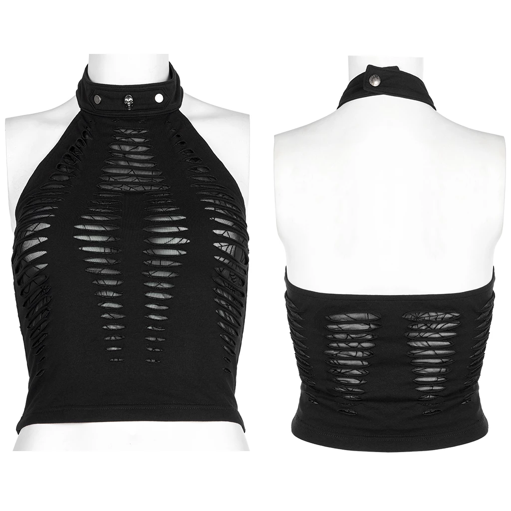 Punk Rave Standard Tops Black Hollow Out Spider Web Mesh Halter Gothic Top - Image 5