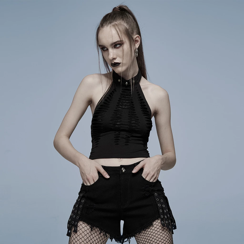 Punk Rave Standard Tops Black Hollow Out Spider Web Mesh Halter Gothic Top