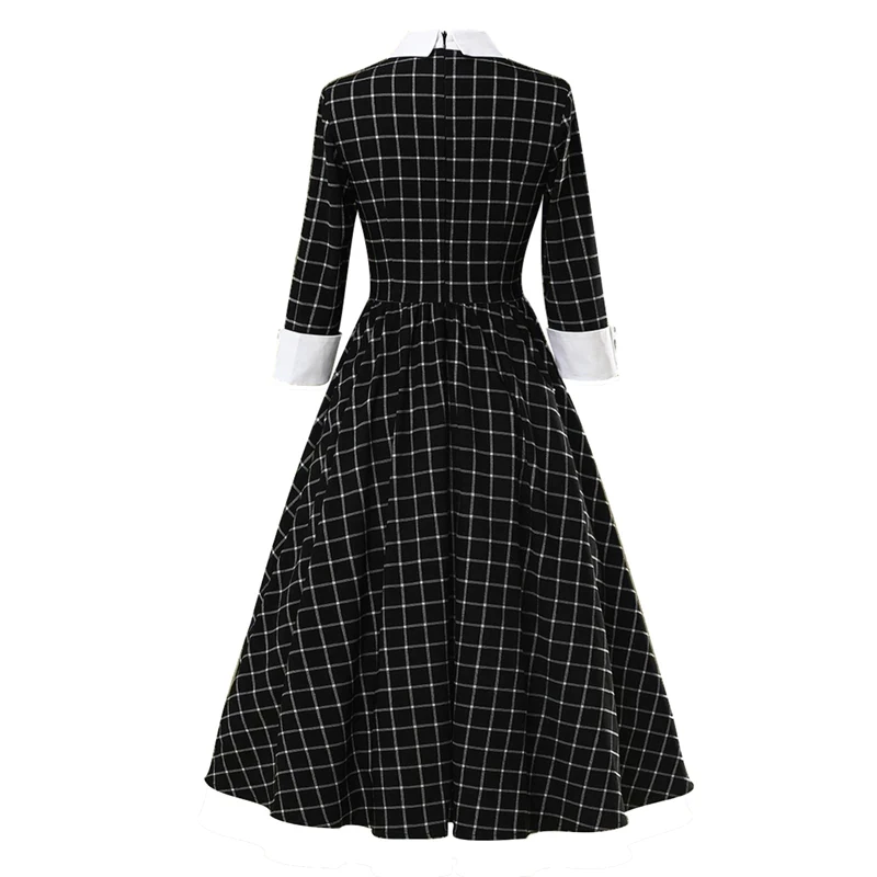 FashionSprout Dresses Black Knot Neck Turn-Down Collar 3/4 Sleeve Mid-Calf Plaid - Image 2