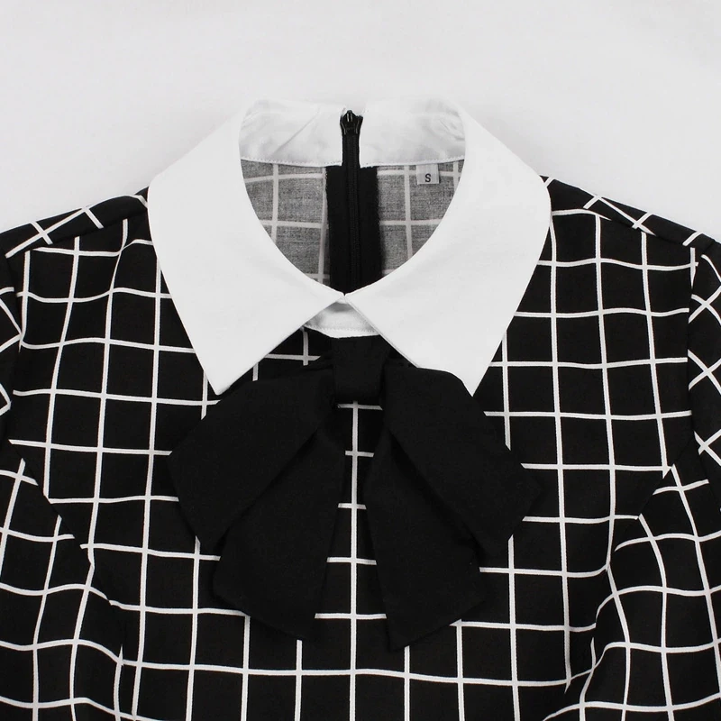 FashionSprout Dresses Black Knot Neck Turn-Down Collar 3/4 Sleeve Mid-Calf Plaid - Image 3