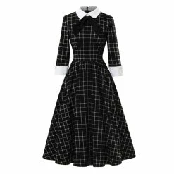 FashionSprout Dresses Black Knot Neck Turn-Down Collar 3/4 Sleeve Mid-Calf Plaid