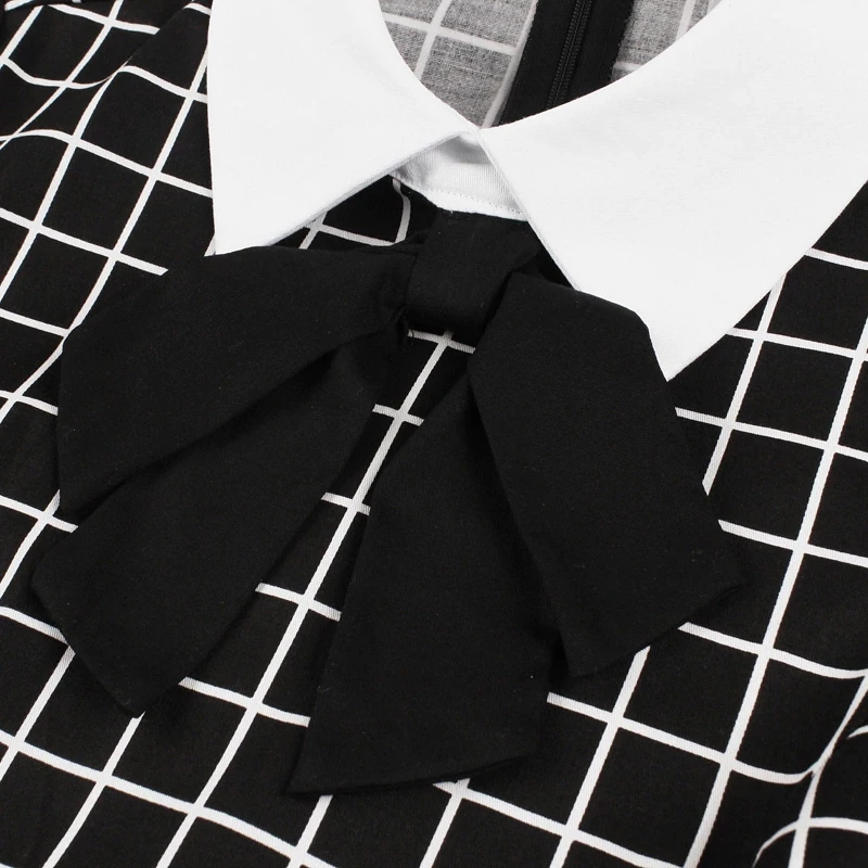 FashionSprout Dresses Black Knot Neck Turn-Down Collar 3/4 Sleeve Mid-Calf Plaid - Image 4