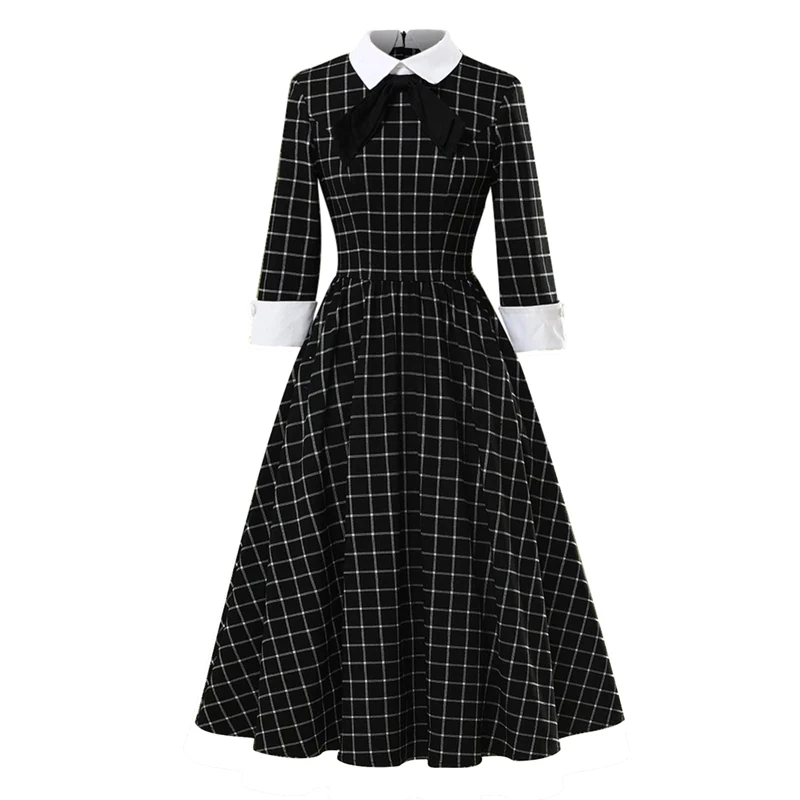 FashionSprout Dresses Black Knot Neck Turn-Down Collar 3/4 Sleeve Mid-Calf Plaid