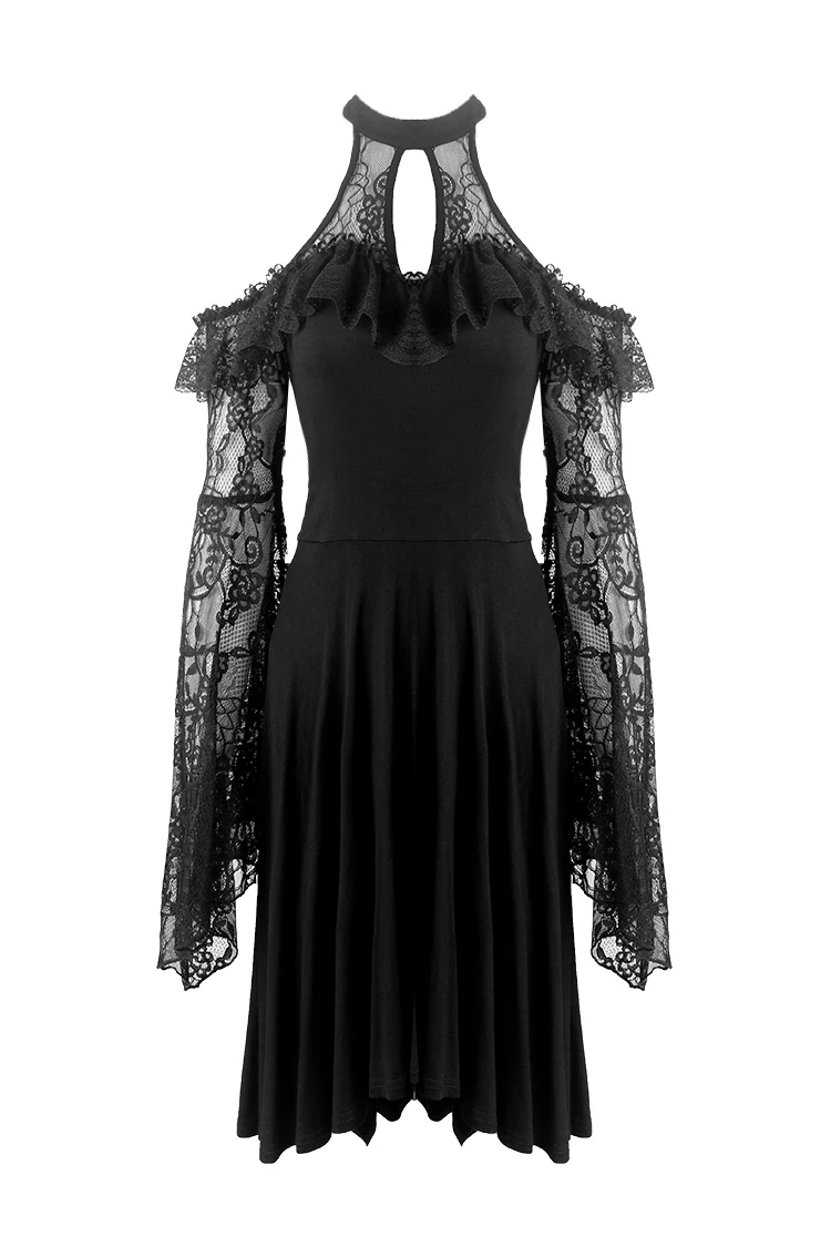 Dark In Love Dresses Black Lace Off Shoulders Choker Collar Cut Out Ruffled Knitted Gothic Dress - Image 2