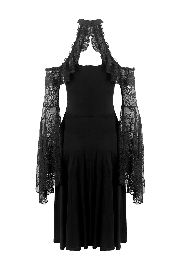 Dark In Love Dresses Black Lace Off Shoulders Choker Collar Cut Out Ruffled Knitted Gothic Dress - Image 3