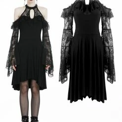 Dark In Love Dresses Black Lace Off Shoulders Choker Collar Cut Out Ruffled Knitted Gothic Dress