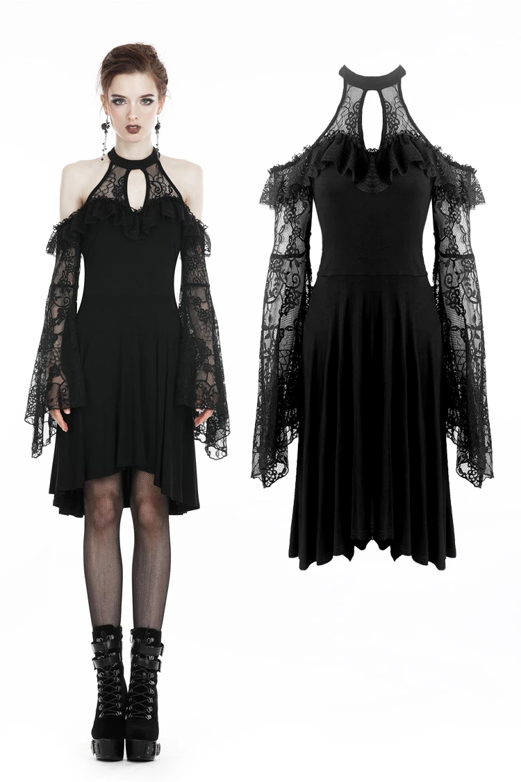 Dark In Love Dresses Black Lace Off Shoulders Choker Collar Cut Out Ruffled Knitted Gothic Dress
