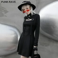 Punk Rave Dresses Black Long Sleeve Stand Collar Buttons Buckle Straps Cut Out Skater Dress