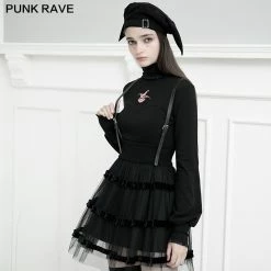 Punk Rave Dresses Black Mesh Layers PU Leather Straps Pleated Suspender Dress