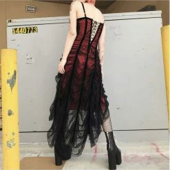 RebelsMarket Dresses Black Red Gothic Mesh Ruched Irregular Sling Dress