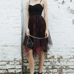 Punk Rave Dresses Black Red Plaid Asymmetrical Mesh Dress