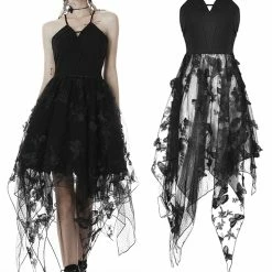 Dark In Love Dresses Black Sheer Mesh Butterfly Strap Asymmetrical Gothic Dress