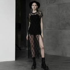 Punk Rave Dresses Black Short Sleeve Slit Mesh Dress